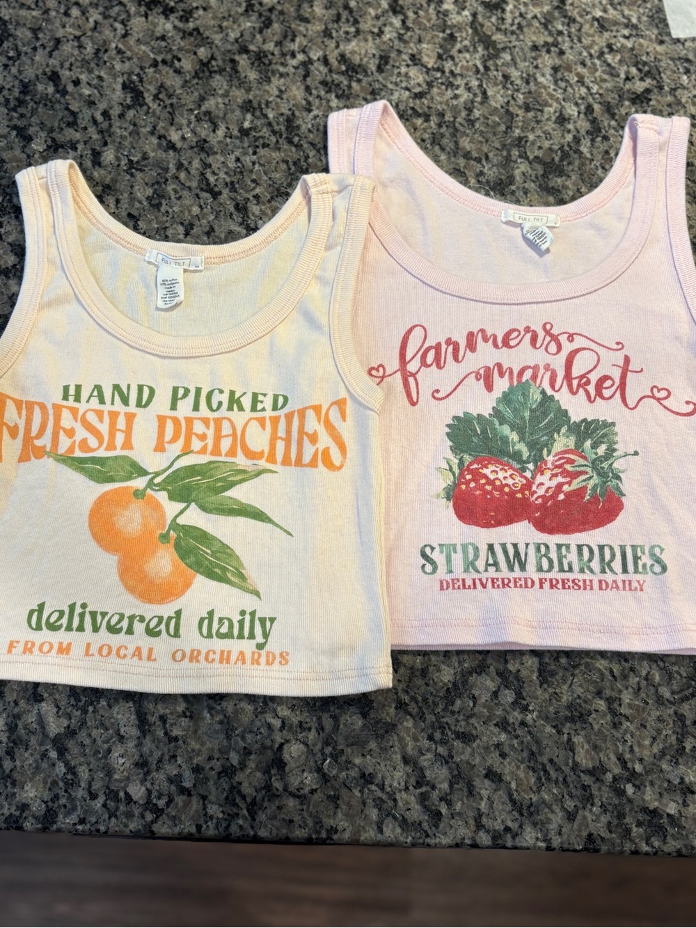 Full Tilt Fruit Graphic Crop Tank Duo (2 shirts) - Peaches & Strawberries